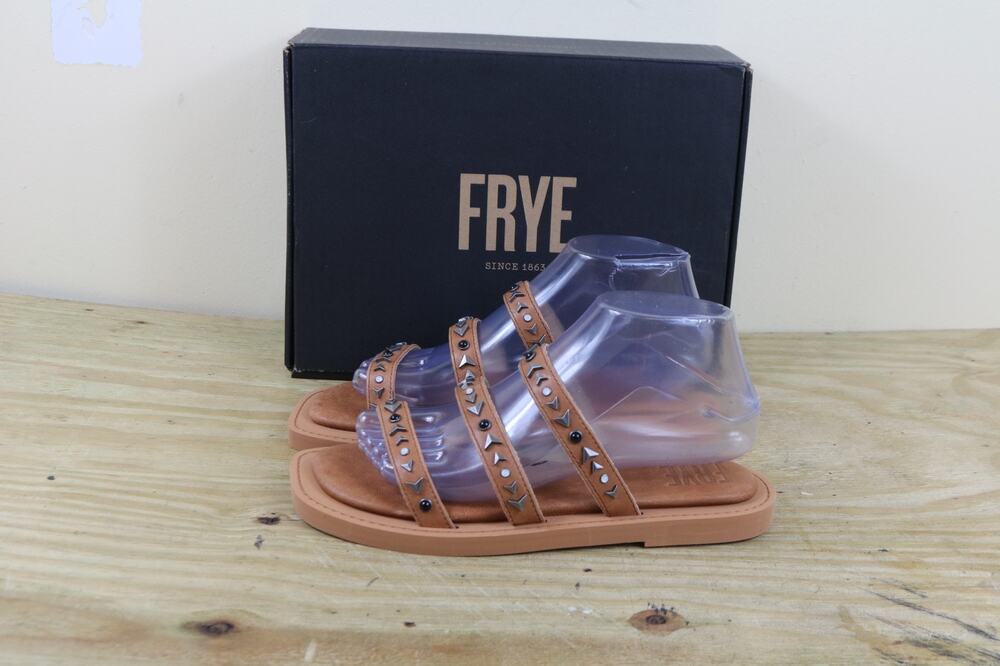 New Frye Sandals Womens 8M Brown Leather Faye Studded Slide Slip On